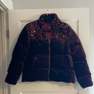 Maeve by Anthropologie Sequin Embellished Velvet Puffer Jacket